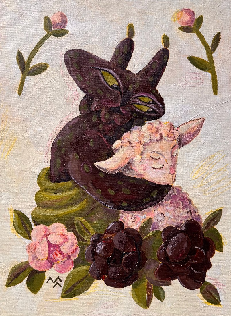 Темний звір обіймає ягня серед півоній